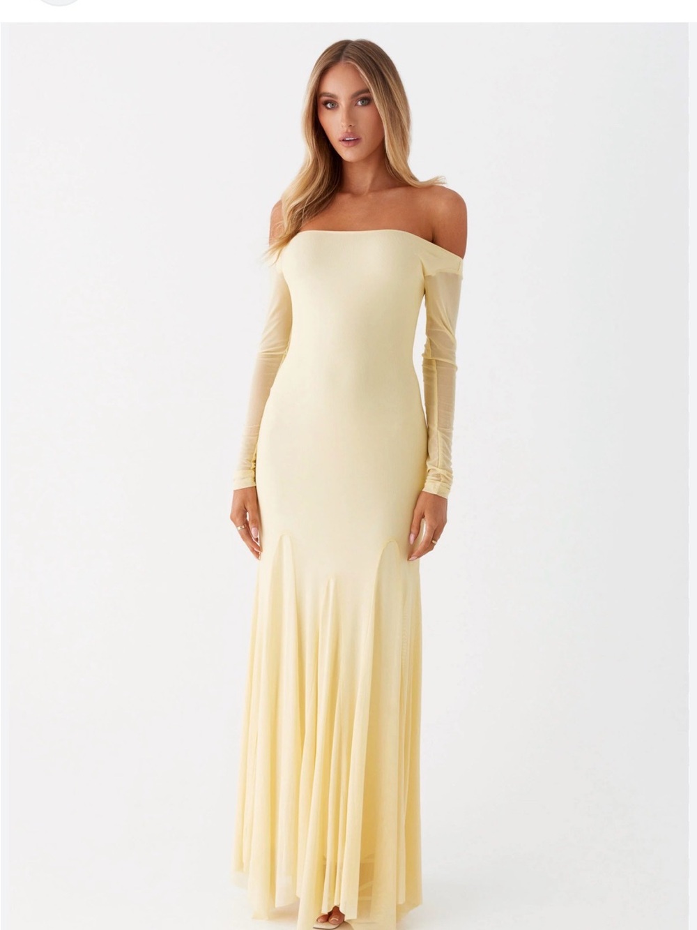 Peppermayo Off-Shoulder Long Sleeve Maxi Dress in Pale Yellow